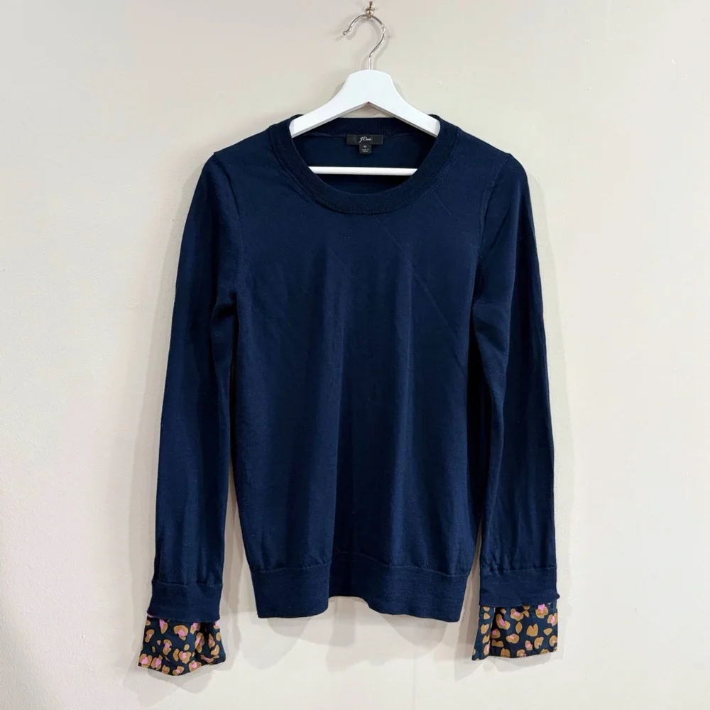 J.Crew Tippi Sweater Women M Navy Merino Wool Leopard Cuffs Preppy Chic
